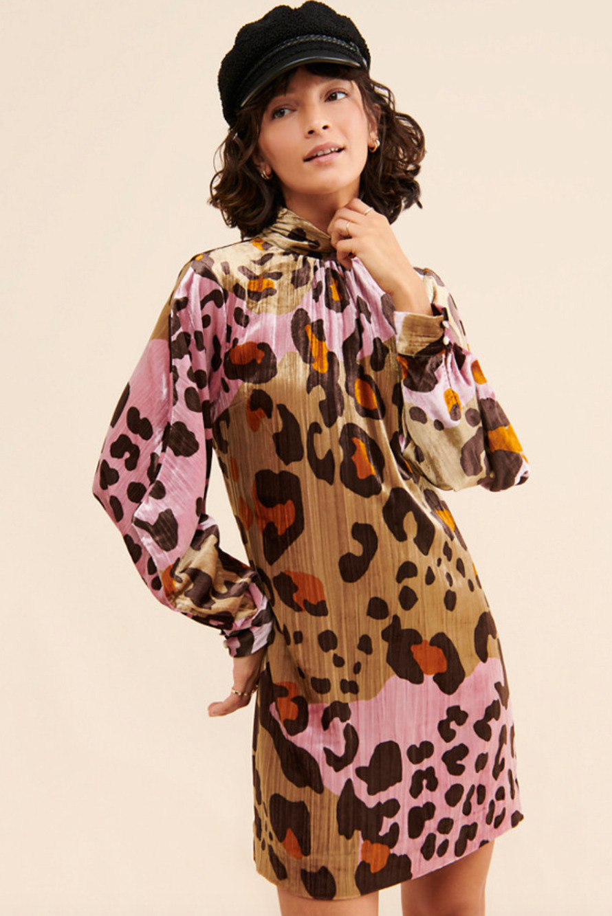 by Anthropologie Layla Velvet Leopard Velvet Button Dress Size 6 NWT Retro Loud
